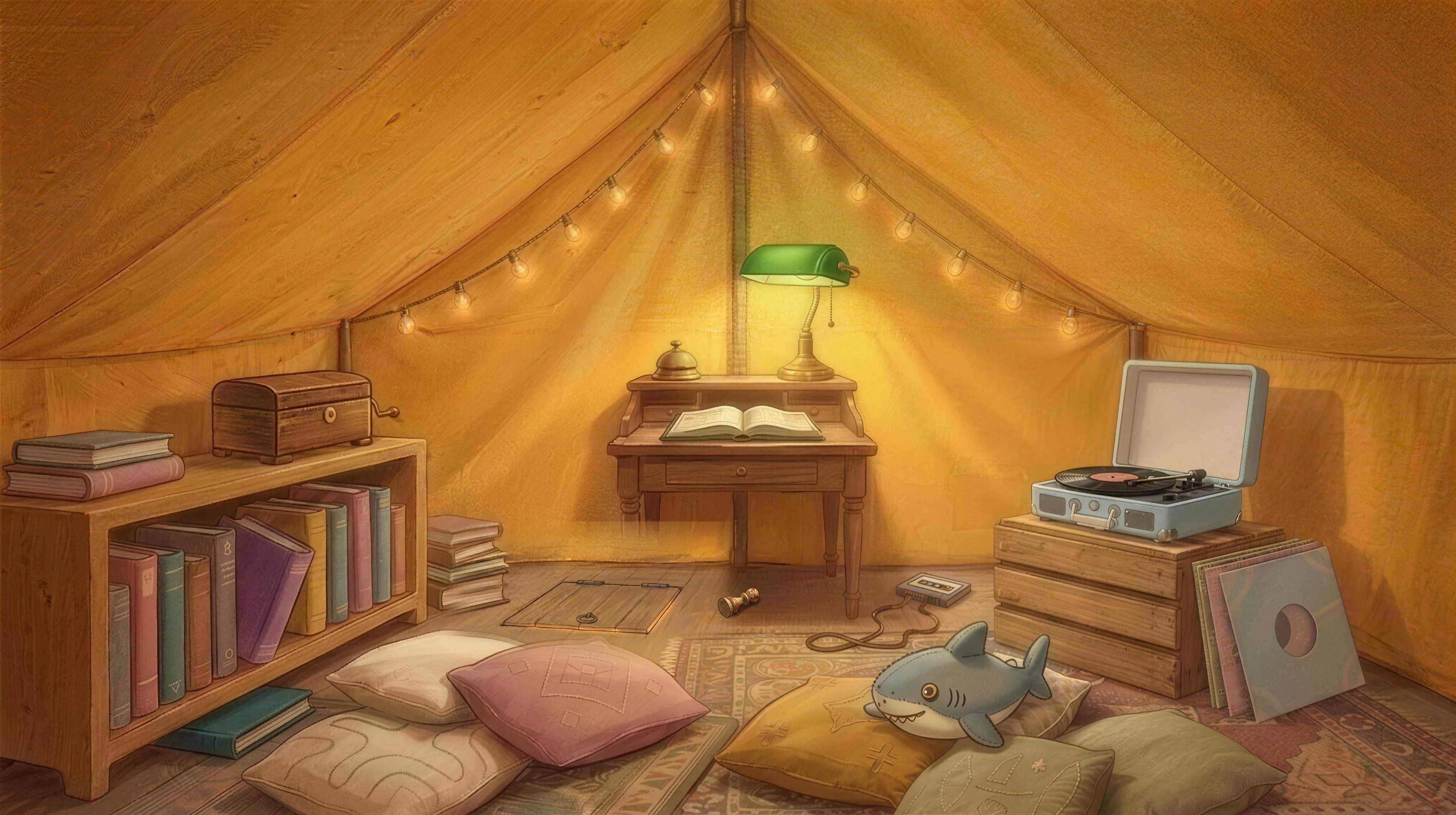 Inside the yellow tent: a low bookshelf, a keeper's desk with a green lamp and a brass bell, a pale blue record player, embroidered pillows on the rugs, a plush shark resting on the pillows, and a small cassette tape under the desk.